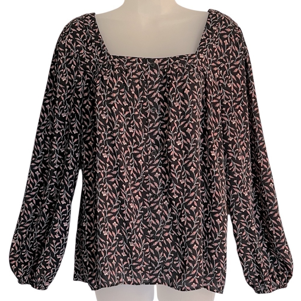 Ann Taylor Loft Floral Square Neck Long Sleeve Lightweight Blouse Top Size Med